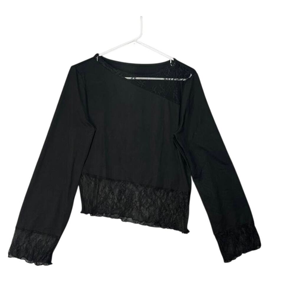 Women Sheer Lace Sexy‎ Long Sleeve Asymmetrical Hem  Mesh Top Gothic Sz S Grunge